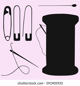needle, pin, reel with thread and needle silhouette 