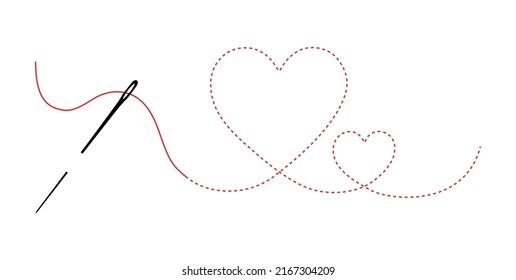 Needle with red thread in the shape of a heart. Heart embroidered seam forward. Vector illustration of a heart outline with a needle and thread