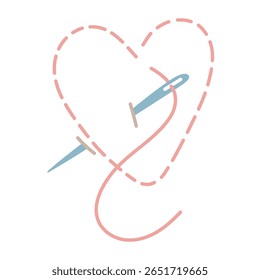 agulha com um bordado de coração de rosca vermelha. coração é bordado com um ponto ponto. Feito à mão. ilustração de cor plana. Amor para costurar, bordado, artesanato. hobby, criativo, símbolo do amor