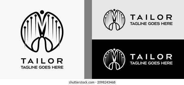needle and scissors icon in a circle. logo design template for tailor shop, sewing craft, textile production, confetti and garment. Vector illustration of fashion and clothes.