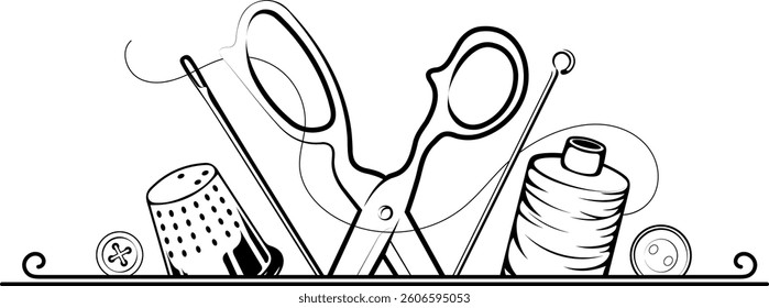 Needle, scissors and sewing accessories design sign frame