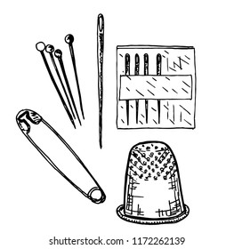 Needle for sewing. A pin, sewing needles, a thimble.