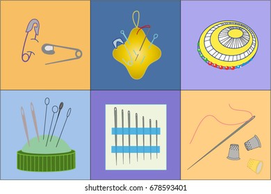 Needle for sewing. Vector set with needles, pins, thimbles