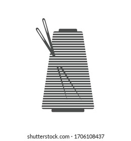 Needle and spool silhouette icon vector illustration. Black bobbin silhouette with outline needle isolated on white background. Machinery spool instrument, fashion logo graphic, tailor craft equipment