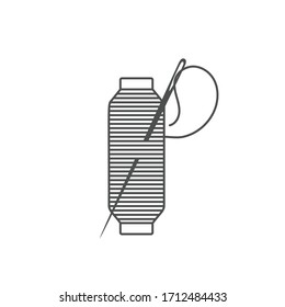 Needle and spool silhouette icon vector illustration. Black bobbin silhouette with outline needle and thread isolated on white background. Machinery spool instrument, fashion tailor logo graphic