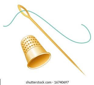 Needle, Thimble and Thread, antique gold design for sewing, tailoring, dressmaking, quilting, needlework, textile arts, crafts, do it yourself hobbies. Isolated on white. EPS8 compatible.