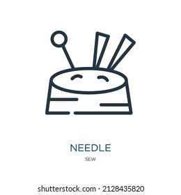 icono de la línea delgada de la aguja. equipo, iconos lineales de pin a partir del signo de contorno aislado del concepto de coser. Elemento de símbolo de ilustración vectorial para diseño web y aplicaciones.