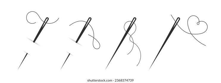Needle with thin thread. Needles for sewing icon set. Sew needlework sign. Tailoring things concept. Vector illustrator.
