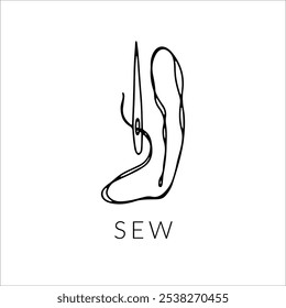 Needle with thread in black and white doodle style. Needlework minimalistic vector illustration. To design your workshop picture, logo, banners, flyers and cards about sewing, embroidery and fashion. 