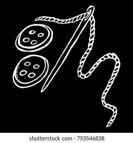 Needle and thread and button sewing monochrome ink hand drawn sketch vector