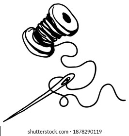 Needle thread cartoon line drawing, vector, horizontal, black and white, isolated
