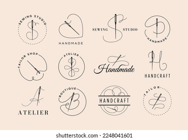 Needle and thread emblem. Sewing studio label, tailor shop and handcraft atelier boutique tag vector illustration set. Elegant isolated logotypes for designer store or workshop, handmade industry