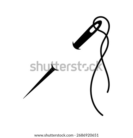 Needle and thread icon. Black silhouette. Front and side view. Vector simple flat graphic illustration. Isolated object on a white background.