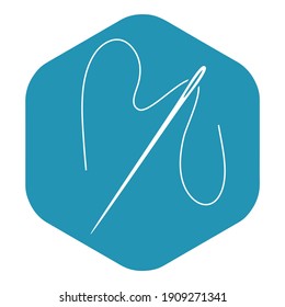 The needle and thread icon. Sewing and embroidery. A white stash on a blue hexagon background. Vector illustration isolated on a white background for design and web.