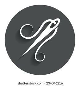Needle with thread icon. Tailor symbol. Textile sew up craft sign. Embroidery tool. Gray flat button with shadow. Modern UI website navigation. Vector