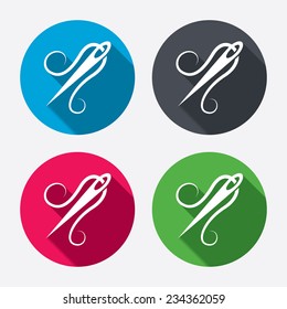 Needle with thread icon. Tailor symbol. Textile sew up craft sign. Embroidery tool. Circle buttons with long shadow. 4 icons set. Vector