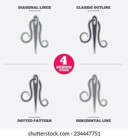 Needle with thread icon. Tailor symbol. Textile sew up craft sign. Embroidery tool. Diagonal and horizontal lines, classic outline, dotted texture. Pattern design icons.  Vector