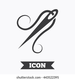 Needle with thread icon. Tailor symbol. Textile sew up craft sign. Embroidery tool. Graphic design element. Flat needle symbol on white background. Vector