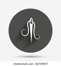 Needle with thread icon. Tailor symbol. Textile sew up craft sign. Embroidery tool. Circle flat button with shadow. Vector