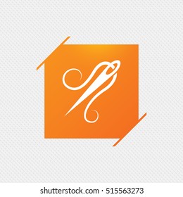 Needle with thread icon. Tailor symbol. Textile sew up craft sign. Embroidery tool. Orange square label on pattern. Vector