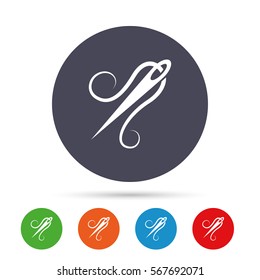 Needle with thread icon. Tailor symbol. Textile sew up craft sign. Embroidery tool. Round colourful buttons with flat icons. Vector