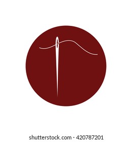 Needle and thread icon vector illustration. Red circle. Red button