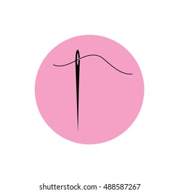 Needle and thread icon vector illustration. Pink button. Pink circle