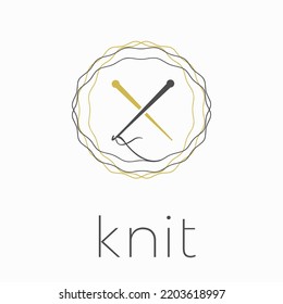 Needle and thread logo. Lacer icon for knitting business. Decorative style illustration graphic. Ornamental fabric boutique sign isolated on light background.