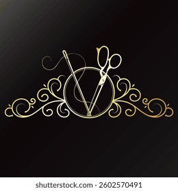 Needle and thread, scissors and pattern. Gold banner sign frame for sewing
