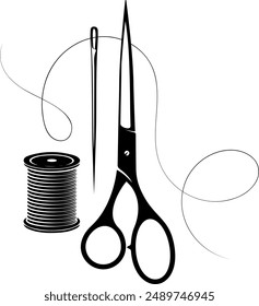 Needle and thread, scissors and spool. Sewing and cutting symbol