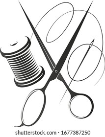 Needle With Thread And Scissors Symbol For Sewing And Cutting