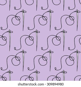 Needle and thread. Seamless pattern with hand-drawn cartoon sewing tools. Doodle drawing. Vector illustration.