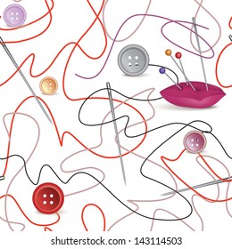 Needle and thread seamless pattern. Sewing needle and thread with buttons. Sewing Accessories seamless background.
