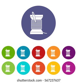 Needle and thread set icons in different colors isolated on white background