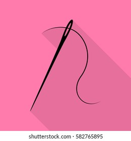Needle with thread. Sewing needle, needle for sewing. Black icon with flat style shadow path on pink background.