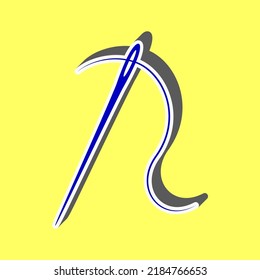 Needle with thread. Sewing needle, needle for sewing. Blue Icon with white stroke in 3d at yellow Background. Illustration.