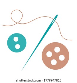 Needle with thread for sewing and buttons from clothes. Vector isolated illustration.