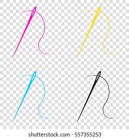 Needle with thread. Sewing needle, needle for sewing. CMYK icons on transparent background. Cyan, magenta, yellow, key, black.