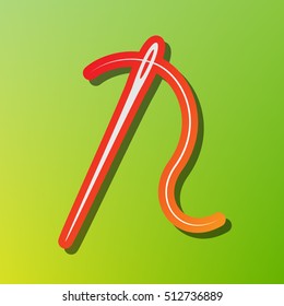 Needle with thread. Sewing needle, needle for sewing. Contrast icon with reddish stroke on green backgound.