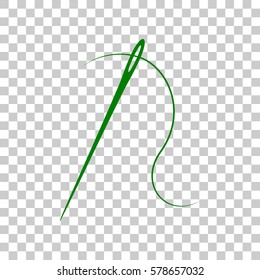 Needle with thread. Sewing needle, needle for sewing. Dark green icon on transparent background.