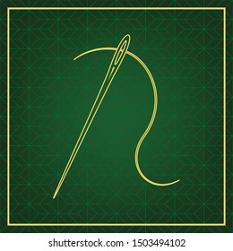 Needle with thread. Sewing needle, needle for sewing. Golden icon with gold contour at dark green gridded  background. Illustration.