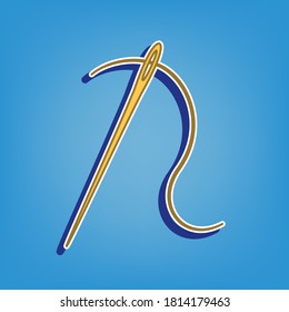 Needle with thread. Sewing needle, needle for sewing. Golden Icon with White Contour at light blue Background. Illustration.