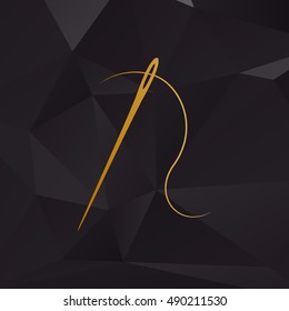 Needle with thread. Sewing needle, needle for sewing. Golden style on background with polygons.