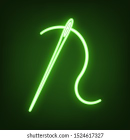 Needle with thread. Sewing needle, needle for sewing. Green neon icon in the dark. Blurred lightening. Illustration.