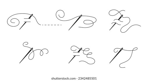 Nadel mit Faden. Nähen der Nadel mit Gewinde-Symbol. Silhouette Symbol Vektorgrafik in handgezeichnet. Stickerei, Handwerkswerkzeug für den Laden. Baumwollfaserstrick in einem großen, scharfen Stahlstift