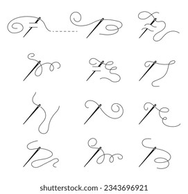 Nadel mit Faden. Nähen der Nadel mit Gewinde-Symbol. Silhouette Symbol Vektorgrafik in handgezeichnet. Stickerei, Handwerkswerkzeug für den Laden. Baumwollfaserstrick in einem großen, scharfen Stahlstift