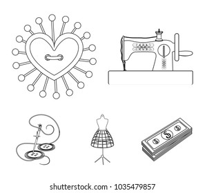 Needle and thread, sewing machine, pincushion, dummy for clothing. Sewing and equipment set collection icons in outline style vector symbol stock illustration web.