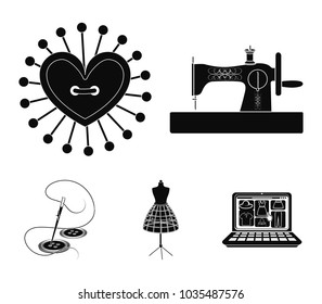 Needle and thread, sewing machine, pincushion, dummy for clothing. Sewing and equipment set collection icons in black style vector symbol stock illustration web.