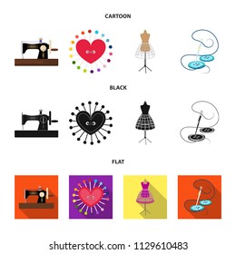 Needle and thread, sewing machine, pincushion, dummy for clothing. Sewing and equipment set collection icons in cartoon,black,flat style vector symbol stock illustration web.