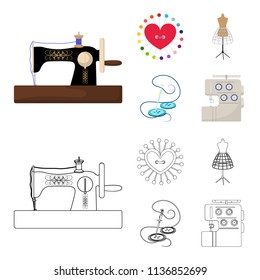 Needle and thread, sewing machine, pincushion, dummy for clothing. Sewing and equipment set collection icons in cartoon,outline style vector symbol stock illustration web.